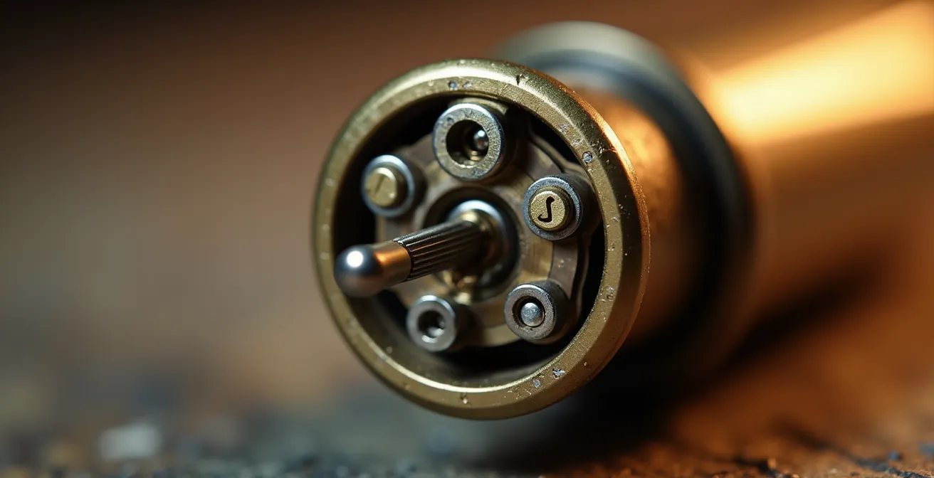 Détail macro d'un cylindre de serrure montrant les goupilles