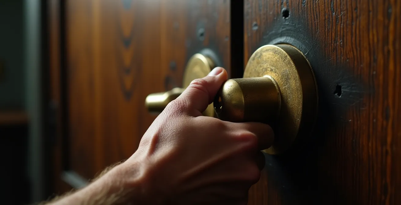 Vue macro d'une main stressée manipulant une serrure complexe