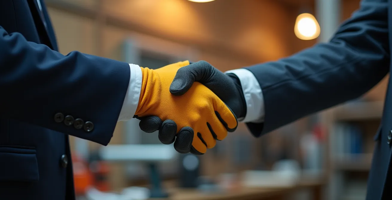 Poignée de main professionnelle entre serrurier et client dans un cadre lumineux