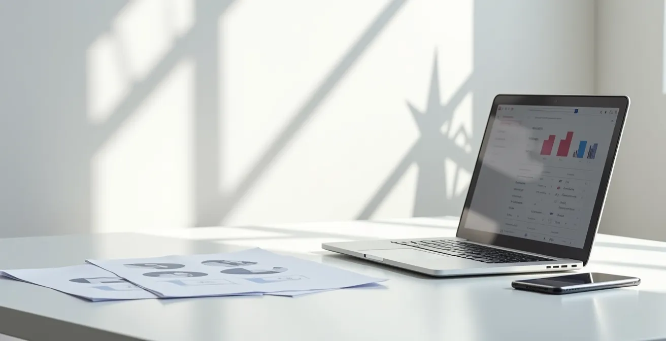 Bureau moderne avec documents administratifs et ordinateur montrant une recherche BCE